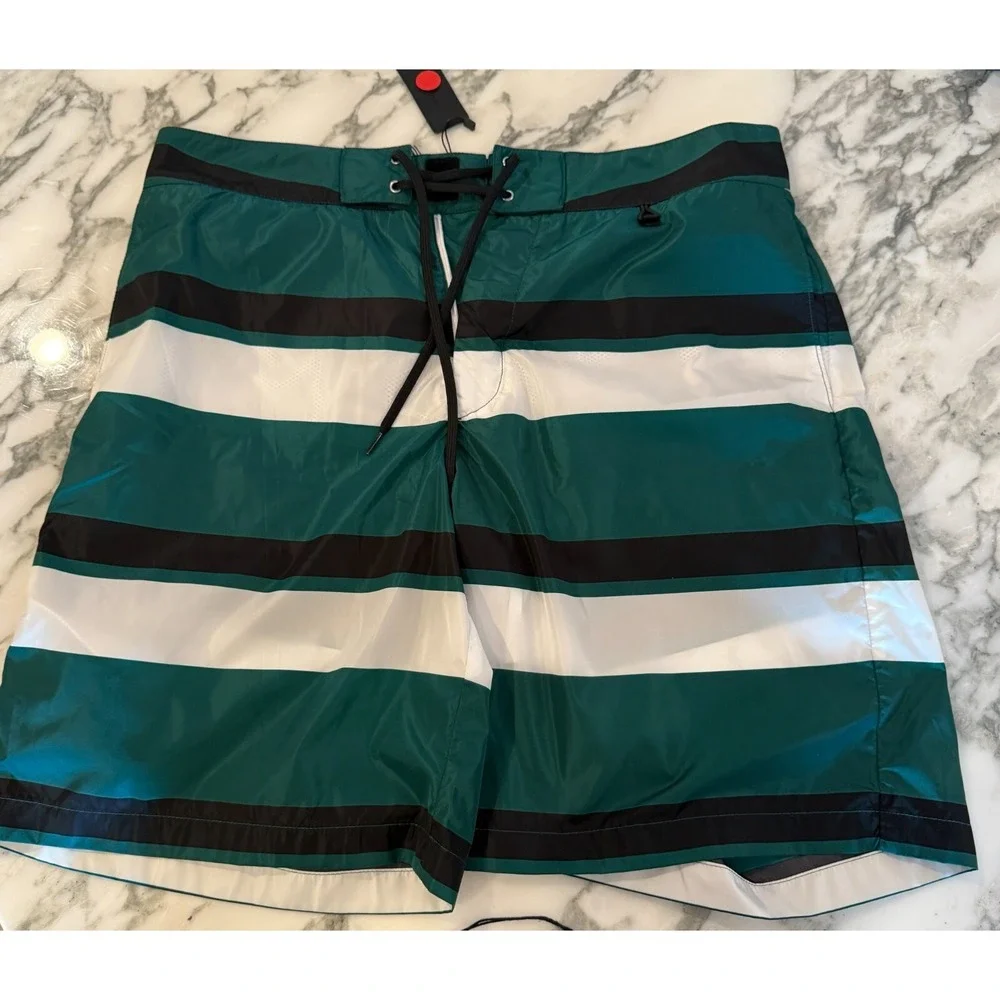 PRADA UB334 Men's Strip‎ Boxer Baiadera Nylon Green Swim Suit Sz. 46- 32